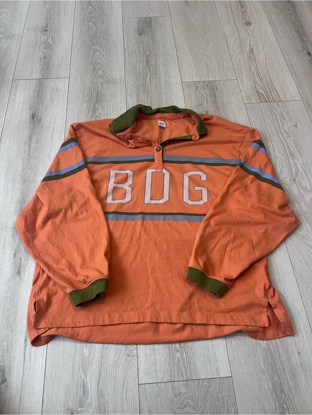 BDG Orange Long-Sleeve Rugby Pullover with Olive Trim